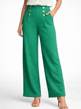 NYCC Wide Leg High Waist Green Pants Gold Button Detail Size S Elegant